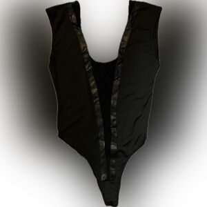 Black Sleeveless Bodysuit with Leather Trim - Large